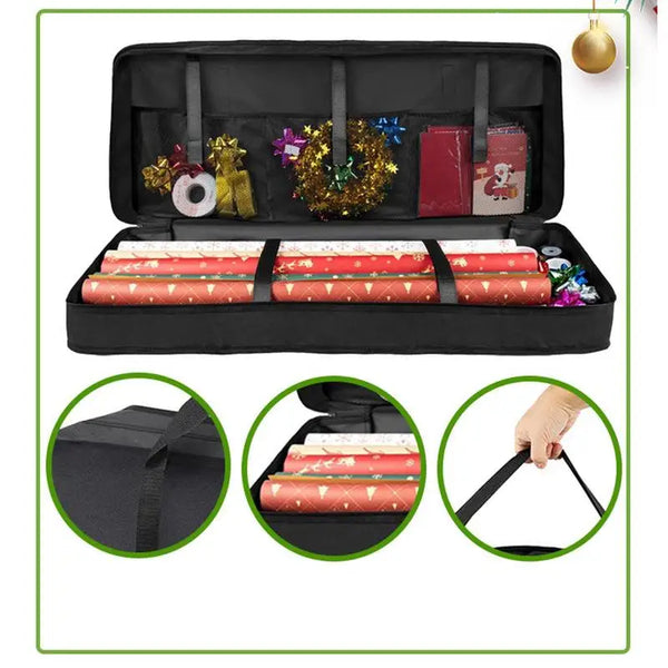 Black carrying case with wrapping paper and decorative items on a white background