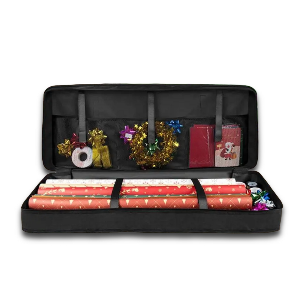 Black storage case with wrapping paper, ribbons, and decorative items on a white background
