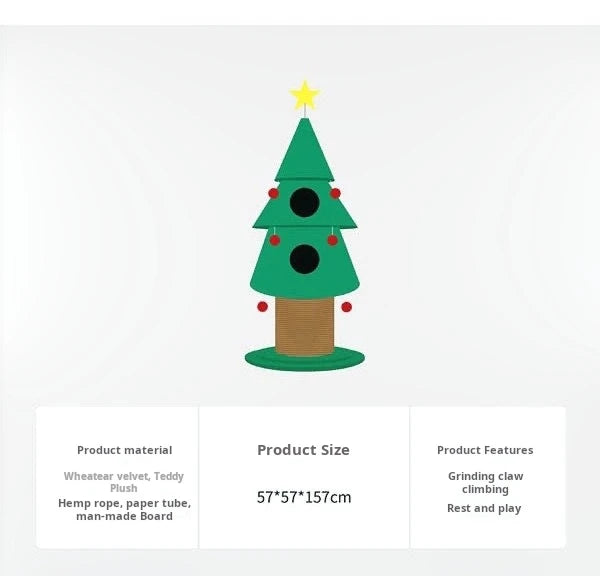 Green Christmas tree-shaped toy with text detailing product material, size, and features on a white background