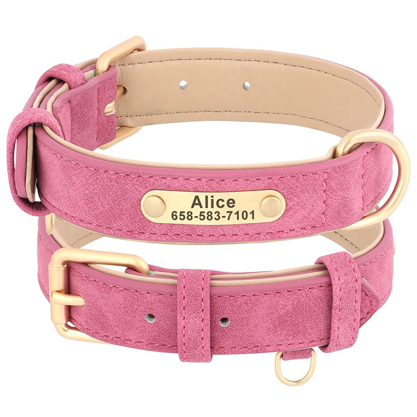 Custom leather dog collar with personalized engraving, featuring reflective safety trim