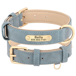 Custom leather dog collar with personalized engraving, featuring reflective safety trim