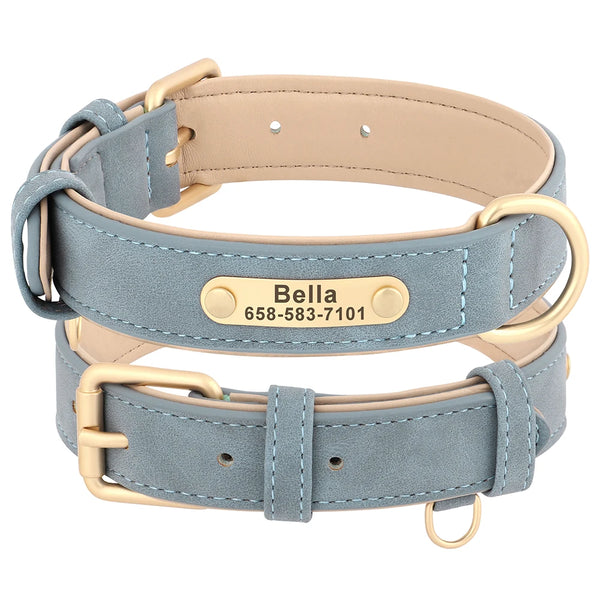 Custom leather dog collar with personalized engraving, featuring reflective safety trim