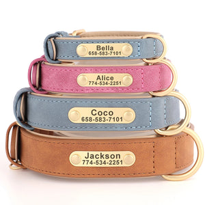 Custom leather dog collar with personalized engraving, featuring reflective safety trim