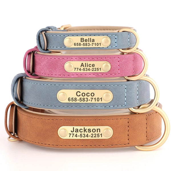 Custom leather dog collar with personalized engraving, featuring reflective safety trim