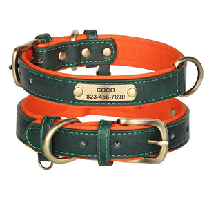 Custom leather dog collar with personalized engraving, featuring reflective safety trim