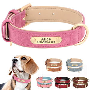 Custom PU leather dog collars in different colors, with a personal engraving example showing the name 'Alice' on a metal plate. 