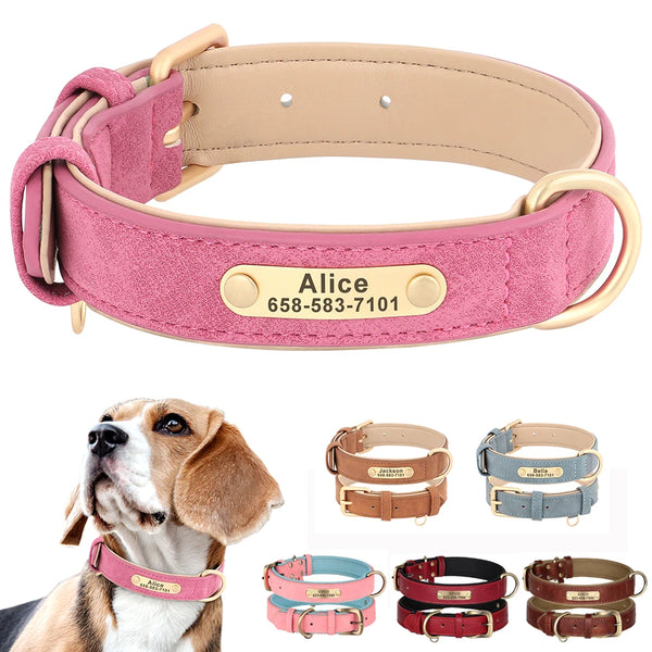 Custom PU leather dog collars in different colors, with a personal engraving example showing the name 'Alice' on a metal plate. 