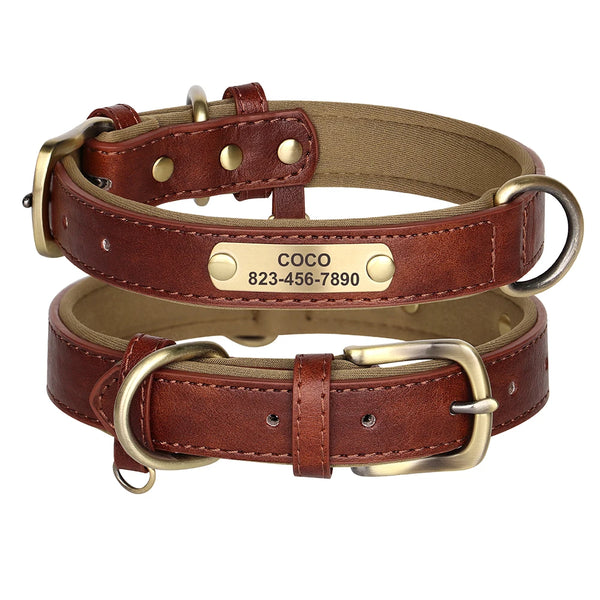 Custom leather dog collar with personalized engraving, featuring reflective safety trim