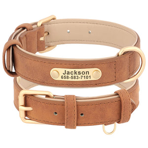 Custom leather dog collar with personalized engraving, featuring reflective safety trim