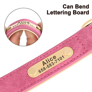 Custom leather dog collar with personalized engraving, featuring reflective safety trim