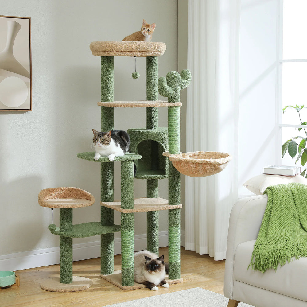 Multi-Level Cat Tower - Premium Blue-Grey Cactus Design with Hammock &amp; Condos | Large Cat Tree