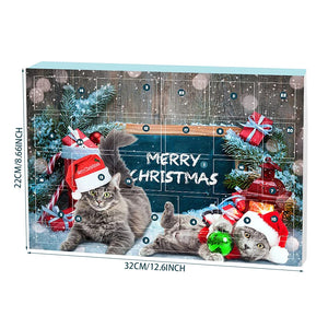 Advent calendar with cats wearing Christmas hats and decorations on a snowy background