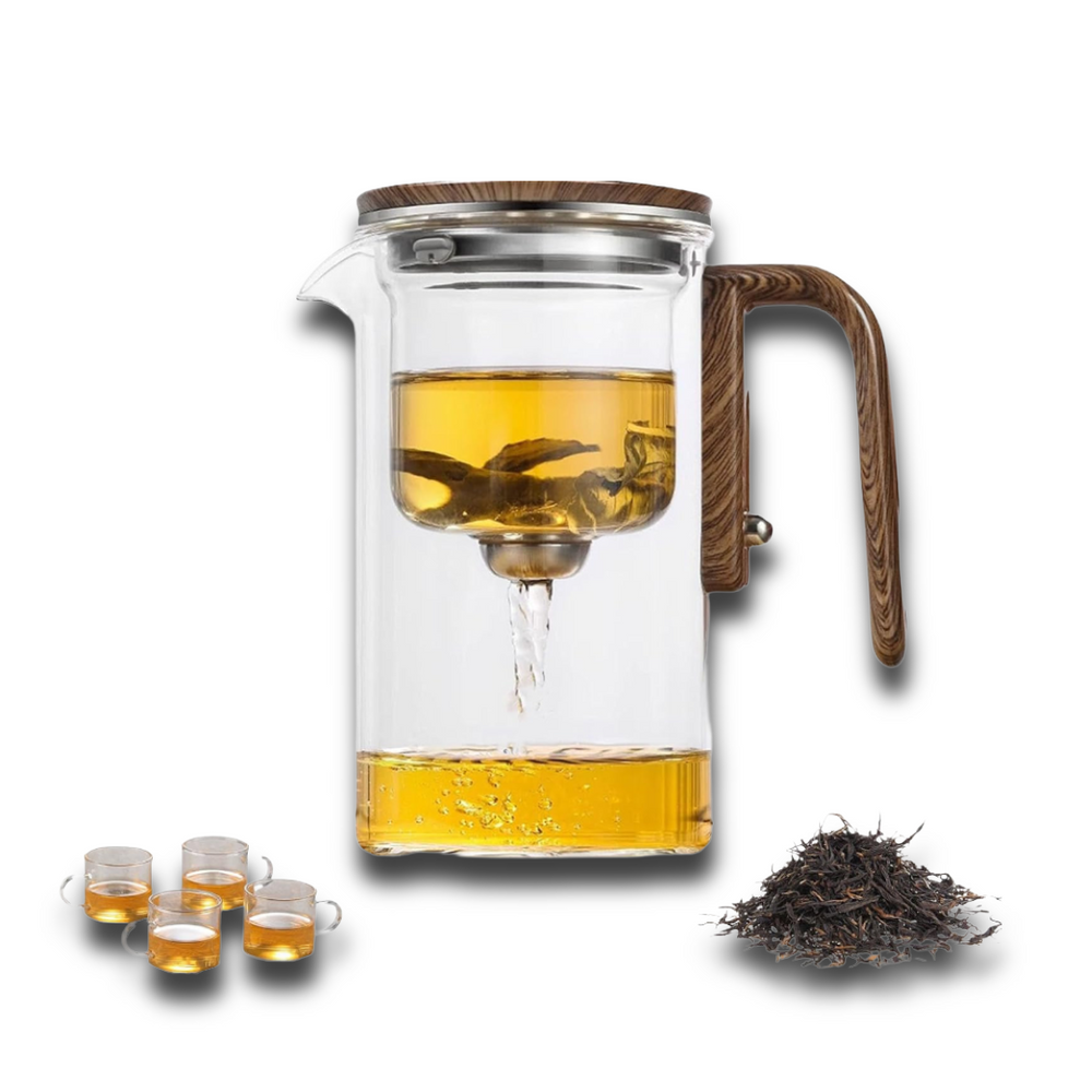 Borosilicate glass tea set with press filter, including teapot and 4 cups for elegant tea brewing