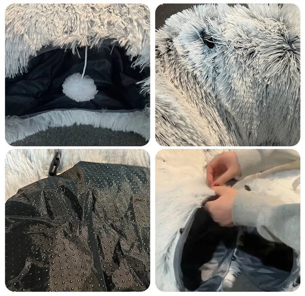 Collage of images showing a textured fabric surface with close-up details.