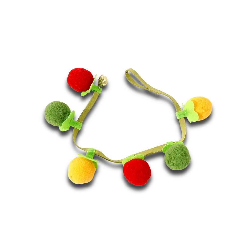Colorful Tomato String Toy for Cat in green, and yellow balls on a white background