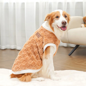 Fleece dog vest brown - happy Corgi side view wearing soft winter vest in modern home
