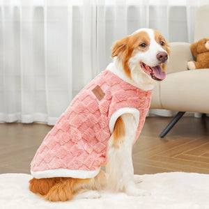 Fleece dog vest pink - happy Corgi side view wearing soft winter vest in modern home
