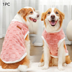 Fleece dog vest pink - two happy dogs wearing soft winter vest front and side view
