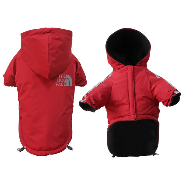 Waterproof dog jacket with reflective trim and fleece lining, providing winter weather protection