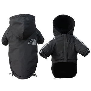 Waterproof dog jacket with reflective trim and fleece lining, providing winter weather protection