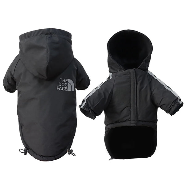 Waterproof dog jacket with reflective trim and fleece lining, providing winter weather protection