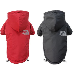 Waterproof dog jacket with reflective trim and fleece lining, providing winter weather protection