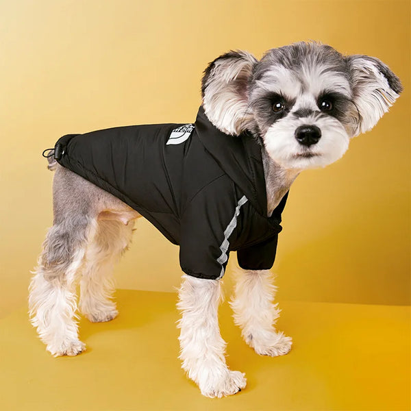 Waterproof dog jacket with reflective trim and fleece lining, providing winter weather protection