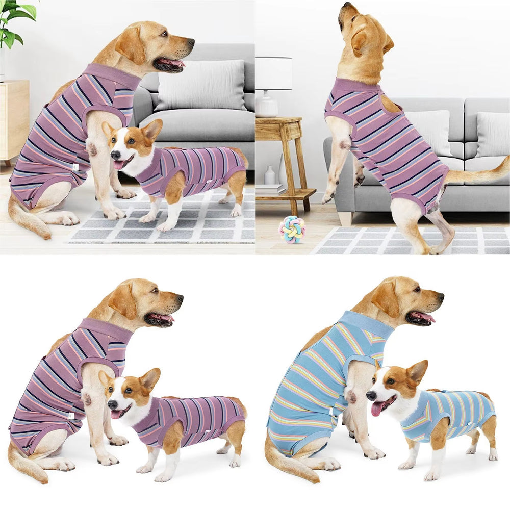 Striped fleece recovery coat providing winter warmth for cats and dogs