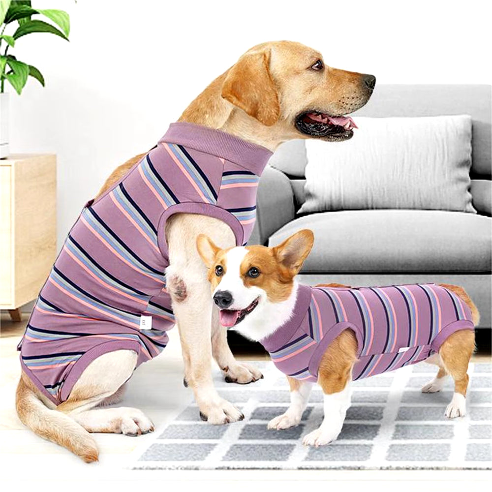 Striped fleece recovery coat providing winter warmth for cats and dogs