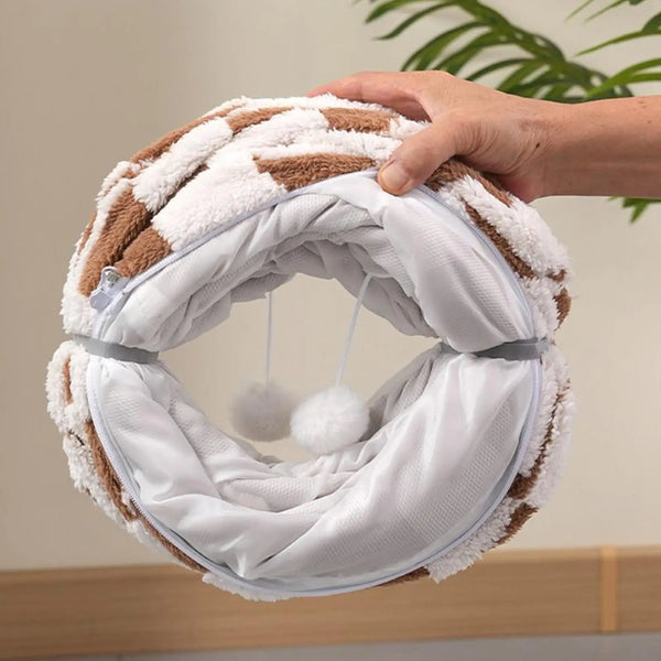 Foldable donut cat tunnel cave bed with hanging plush toy balls, soft washable velvet design for easy storage.
