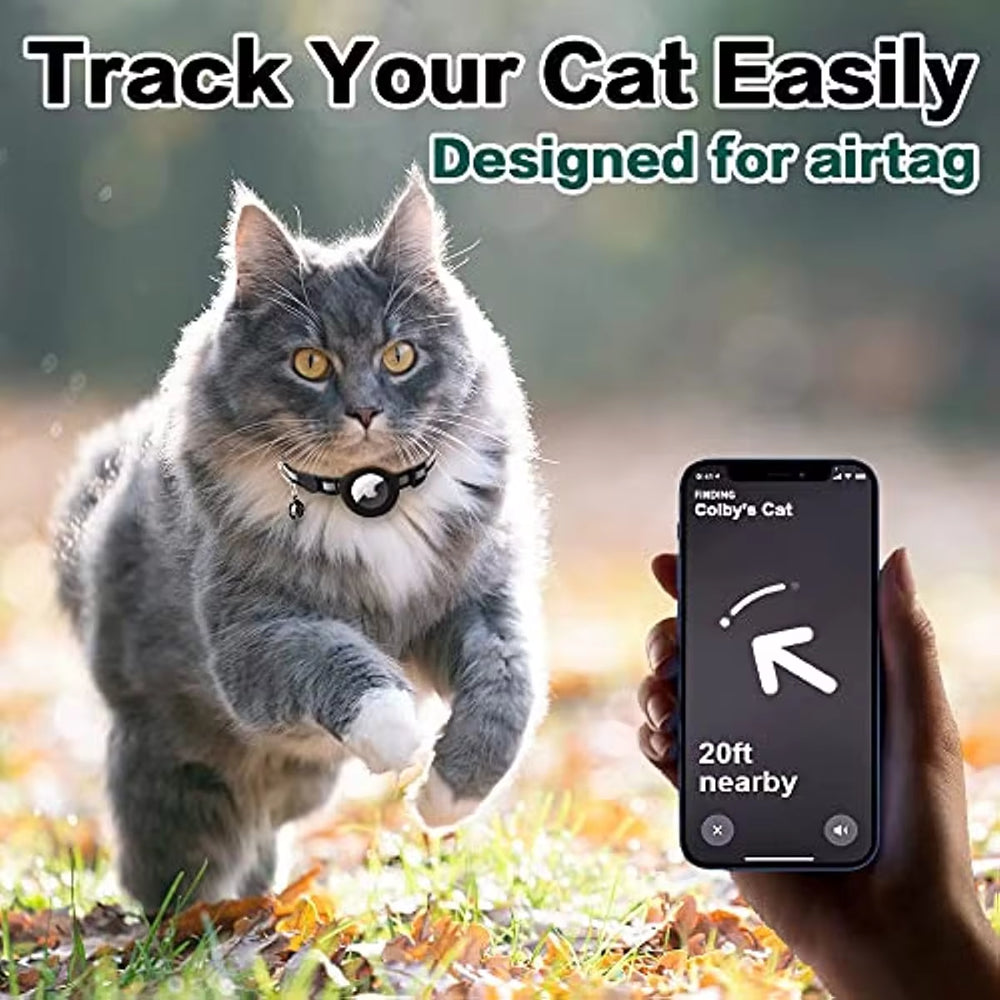 Reflective Airtag cat collar with bell, secure Apple AirTag holder, perfect for pet safety