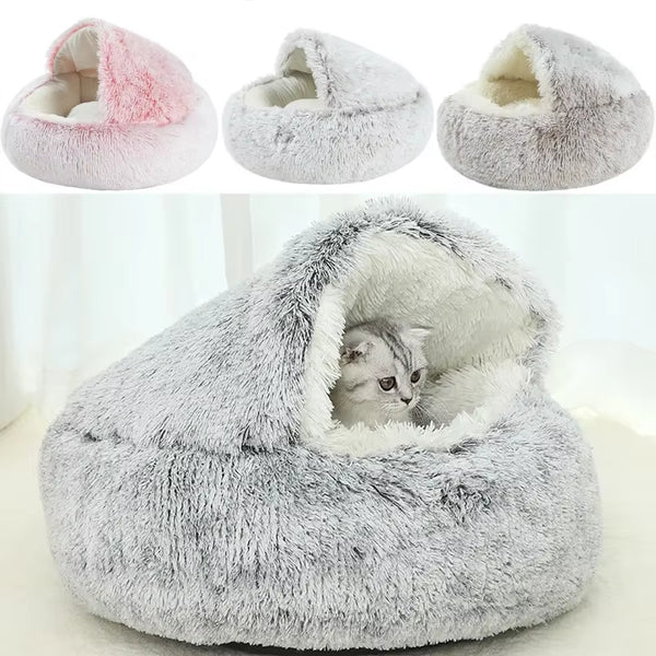 oft luxury cat plush bed with hooded cave design in grey and pink colors — cozy winter cat nest providing warmth, comfort, and security for small pets.