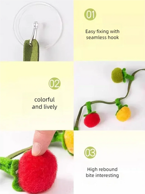 Feature collage of tomato and persimmon cat teaser string toy showing seamless hook for easy fixing, colorful plush balls and high rebound bite‑resistant design.