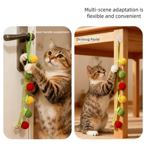 Two images of cats playing with tomato and persimmon cat teaser string toy with bell, hanging from door handle and table leg, flexible multi‑scene self‑play cat toy for indoor cats.