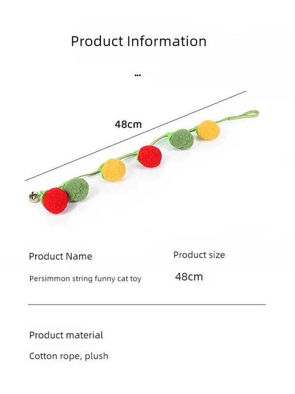 Tomato and persimmon cat teaser string toy with bell shown flat with length 48 cm, product information listing cotton rope and plush materials.