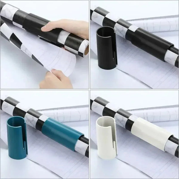 Gift wrapping paper cutter tool in black, teal, and white colors showing how it slices wrapping paper rolls cleanly and safely for precise cuts