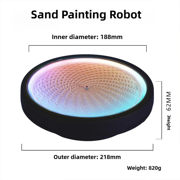 LED sand painting robot lamp with iridescent sand pattern shown with size dimensions, 188mm inner diameter and 218mm outer diameter